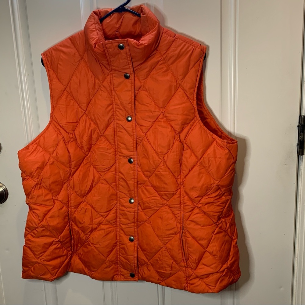 Lands' End Quilted Down Feather Insulated Button Up Vest Vibrant Orange 1X